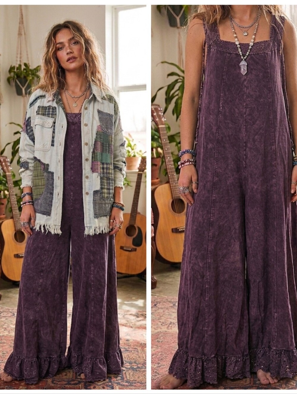Women’s Wide-Leg Eyelit Hem Mineral Wash Plum Jumpsuit